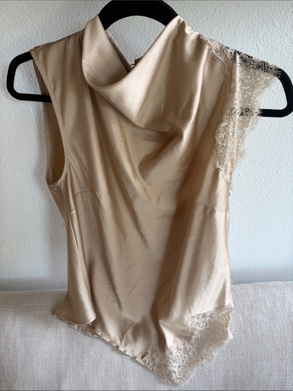INC International Concepts Beige Satin Lace Trim Sleeveless Cowl Neck Top